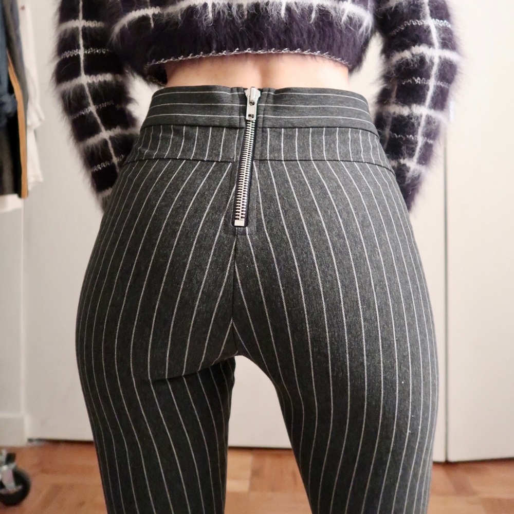 Dark grey stripe stretch pants with zippers